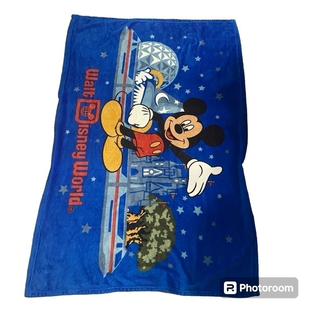 Vintage Walt Disney World Fleece Blanket Mickey Mouse Epcot Animal Kingdom Blue